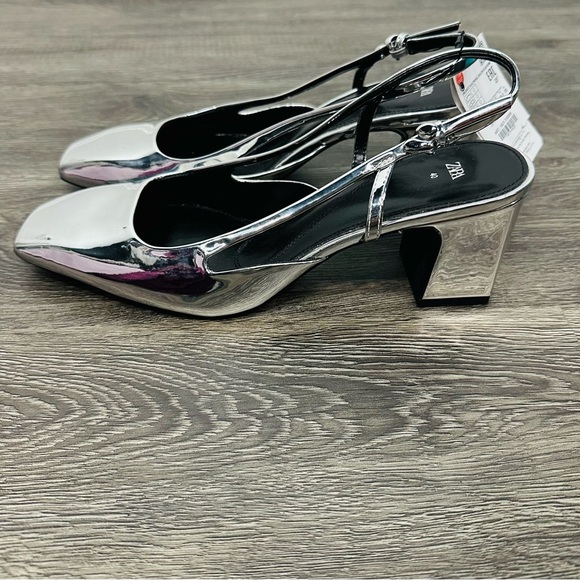 Zara Shoes - Zara NWT Metallic Silver Block Heel Slingback Heels Size 40